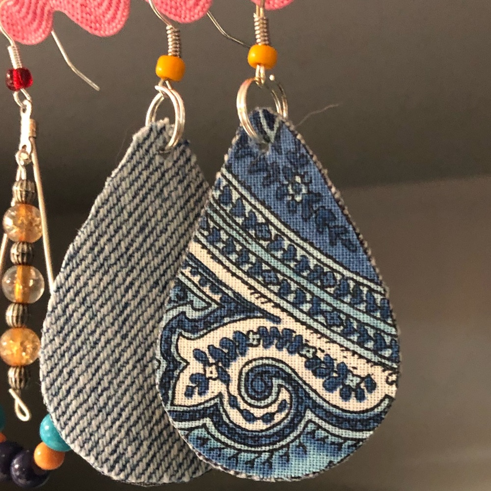 Navy blue paisley and recycled jean earrings. 2” long. New. Made by me
